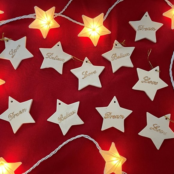 Ceramic Star Christmas Ornaments Lot - Dream, Believe, Love - White with Gold - Picture 7 of 7